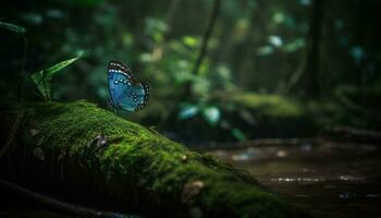 un vibrante mariposa descansa en un verde hoja en el bosque generado por ai foto