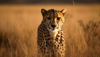 Majestic African cheetah walking in the wilderness, watching its environment generated by AI photo