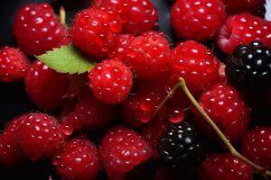 vibrante cosecha delicioso rojo y negro bayas nutrido por generativo ai foto