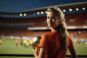 futbol luz de las estrellas incomparable hembra jugador dominante el campo empoderado por generativo ai foto