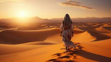 Sands of Grace Arabian Woman's Desert Stroll Illumined by Generative AI photo