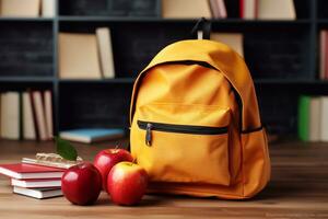Backpack Chronicles Apples and Books Await on Classroom Desk Guided by Generative AI photo