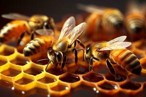 Hexagonal Haven Intricate World of Bees on Honeycomb Enhanced by Generative AI photo