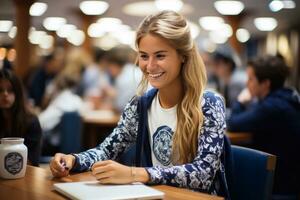 Academic Camaraderie Female Student Using Laptop on School or College Campus Generative Ai photo