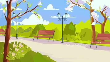 uma desenho animado ilustração do uma parque com bancos video