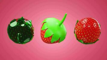 3d interpretazione di strawberrie nel molti materiali, cristallo, gelatina e solido colore, tropicale frutta frutti di bosco video