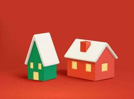 3d illustrations of two rustic tiny houses with roof covered with snow. Elements isolated on red background. vector