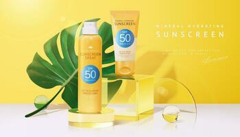 3d sunscreen mock-up on glass display podium, decorated with tropical leaf, crystal balls and round plates. Beautiful scene design suitable for all summer products. vector