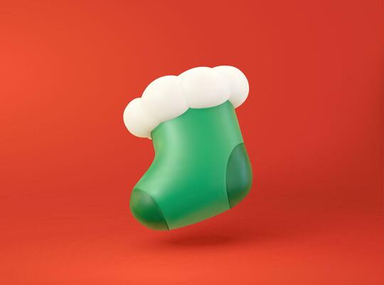 Green Christmas stocking isolated on red background, 3D illustration.
