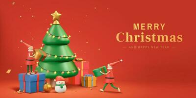 3d Navidad y nuevo año bandera con Papa Noel elfos colocación regalos debajo un hermosa Navidad árbol. vector