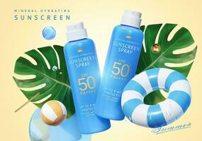 3d ad design for sunscreen product display. Composition of two spray bottles decorated with tropical leaves and swimming ring. vector