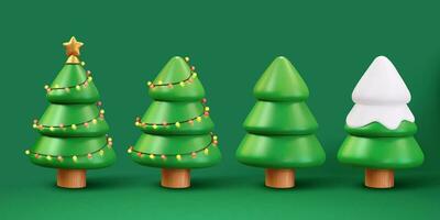 3d illustration of Christmas trees. Holiday elements isolated on green background. Two with beautiful ornaments, one covered with snow and one without. vector