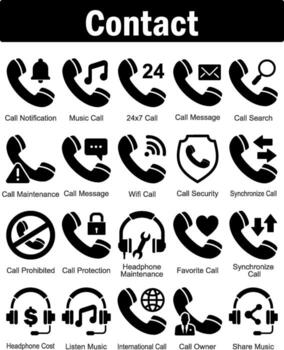 A set of 20 contact icons as call notification, music call, 24x7 call vector