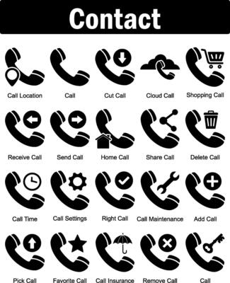 A set of 20 contact icons as call location, call, cut call, cloud call