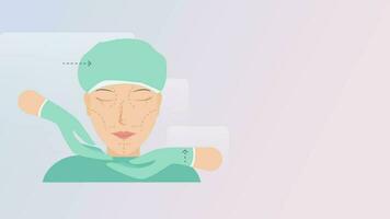 Animation von Weiß Moleküle schwebend Über ca. weiblich geduldig haben ihr Gesicht überprüft durch ein weiblich Krankenschwester Vor Plastik Operation. Universal- ästhetisch Medizin Konzept Digital zusammengesetzt video