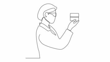 Animated self drawing of scientist do research in the laboratory with white background. Chemical and laboratory design concept illustration in simple linear animation. Science concept full animation video