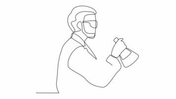 Animated self drawing of scientist do research in the laboratory with white background. Chemical and laboratory design concept illustration in simple linear animation. Science concept full animation video