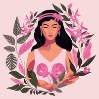 pecho cáncer conciencia mes web bandera de diverso étnico mujer grupo juntos con rosado apoyo cinta concepto, dibujos animados niña caracteres para enfermedad prevención campaña, plano vector ilustración