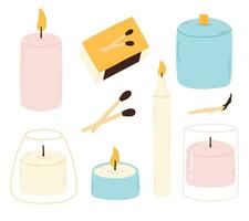 Set of scented candles isolated on white background. Vector illustration. Collection of wax candles in flat style.