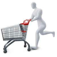 The 3d Human Is Pushing the Shopping Cart Energetically. 3d Shopping Concept. png