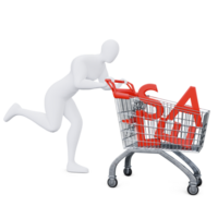 The 3d Human Is Pushing the Sale Shopping Cart Energetically. 3d Shopping Concept. png