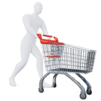 il 3d umano è spingendo il shopping carrello energeticamente. 3d shopping concetto. png