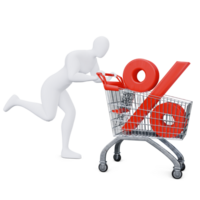 The 3d Human Is Pushing the Discount Shopping Cart Energetically. 3d Shopping Concept. png