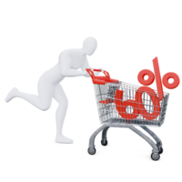 The 3d Human Is Pushing the Discount Shopping Cart Energetically. 3d Shopping Concept. png