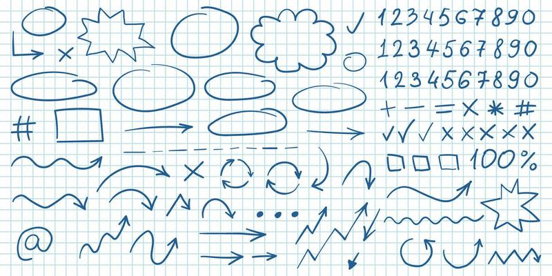 Arrow circles and abstract doodle icon in hand drawn style. Number vector illustration on isolated background. Letters, arrows sign business concept.