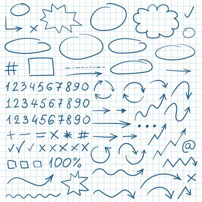 Arrow circles and abstract doodle icon in hand drawn style. Number vector illustration on isolated background. Letters, arrows sign business concept.