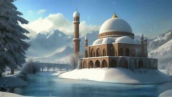 schön Moschee im das Schnee Winter Panorama Video