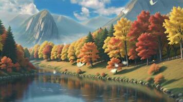 autumn panorama with mountain, river and maple trees video