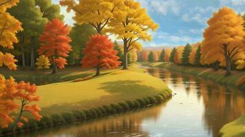 otoño panorama con montaña, río y arce arboles video
