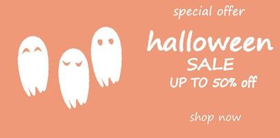 halloween simple pink cute background outline white ghosts inscription happy halloween discount vector eps10