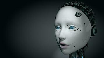Close up of female humanoid robot head with glowing white skin talking while moving lips, eyes, blinking and lights on her head turning on and off against dark background. Loop sequence. 3D Animation video