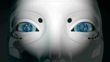 de cerca de Moviente y parpadeo azul ojos de humanoide robot con brillante blanco el plastico piel en contra oscuro antecedentes. lazo secuencia. 3d animación video