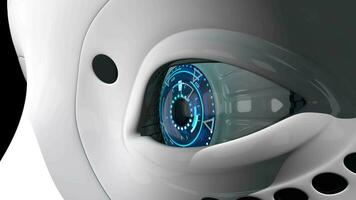 extreem detailopname van in beweging en knippert blauw oog van humanoid robot met wit glimmend plastic huid tegen donker achtergrond. lus reeks. 3d animatie video