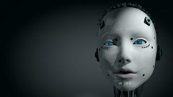 voorkant visie van vrouw humanoid robot hoofd met gloeiend wit huid pratend terwijl in beweging lippen, ogen, knippert en licht Aan haar hoofd draaien Aan en uit tegen donker achtergrond. lus reeks. 3d animatie video