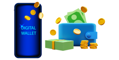 3d interpretazione illustrazione di un' digitale portafoglio con i soldi e monete su blu sfondo, concetto digitale portafoglio in linea pagamento trasparenza png