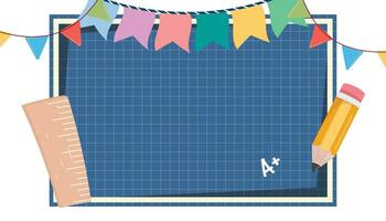 Template with a ruler, pencil and a school board with decorative garland on the background. Celebration concept. vector