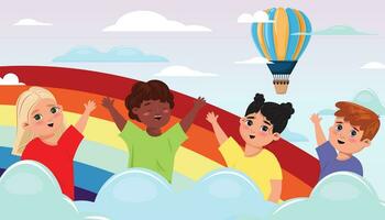 Banner with happy multiethnic children waving in the clouds and rainbow on the background. vector