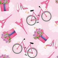 Romantic French seamless pattern with Eiffel Tower, bicycle, pink shoes and tulips on pink background vector