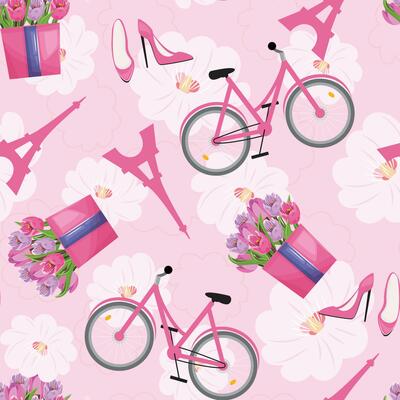 Romantic French seamless pattern with Eiffel Tower, bicycle, pink shoes and tulips on pink background
