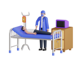 3d illustratie van dokter controleren geduldig Gezondheid voorwaarde. dokter bezoek naar afdeling van geduldig Mens aan het liegen in een medisch bed. 3d illustratie png