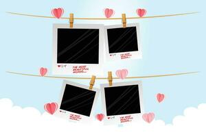 polaroid photo frames hanging on clothes line with hearts vector