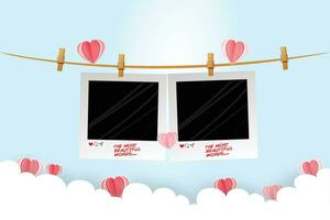 two polaroids hanging on a clothesline with hearts vector