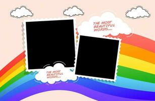 two photo frames with rainbow clouds and clouds vector