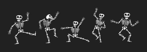 Skeletons dancing with different positions flat style design vector illustration set.