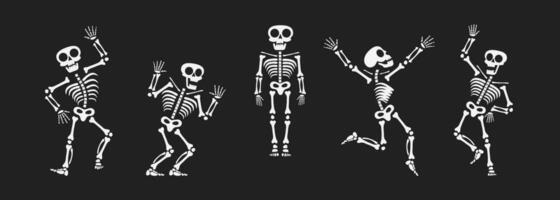 Skeletons dancing with different positions flat style design vector illustration set.