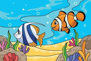 cute cartoon illustration of fish and coral reefs in the sea vector